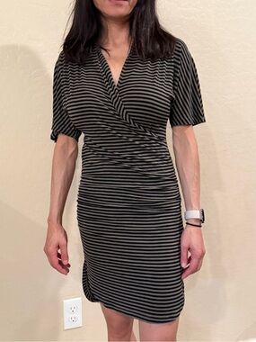 Banana Republic Black and Gray Striped Faux-Wrap Midi Dress